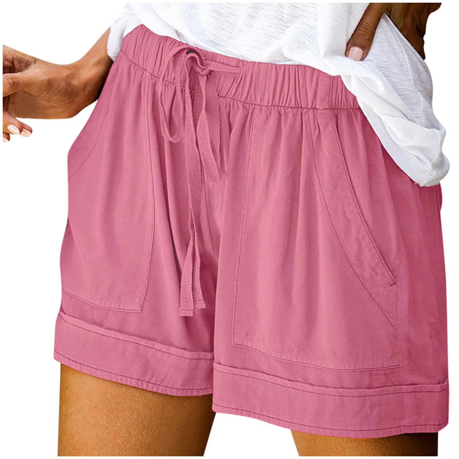 thumbnail image 3 of Pantalones cortos cómodos con cordón y cintura elástica para mujer - Pantalones holgados de color liso con bolsillos - Ropa informal de verano de poliéster, 3 of 8